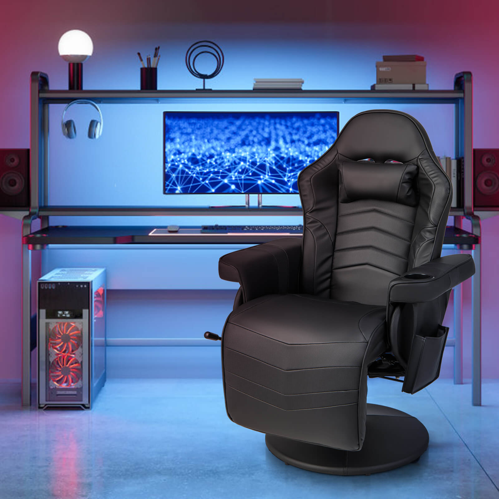 Electric Massage Gaming Chair with Cup Holder and Side Pouch-Black