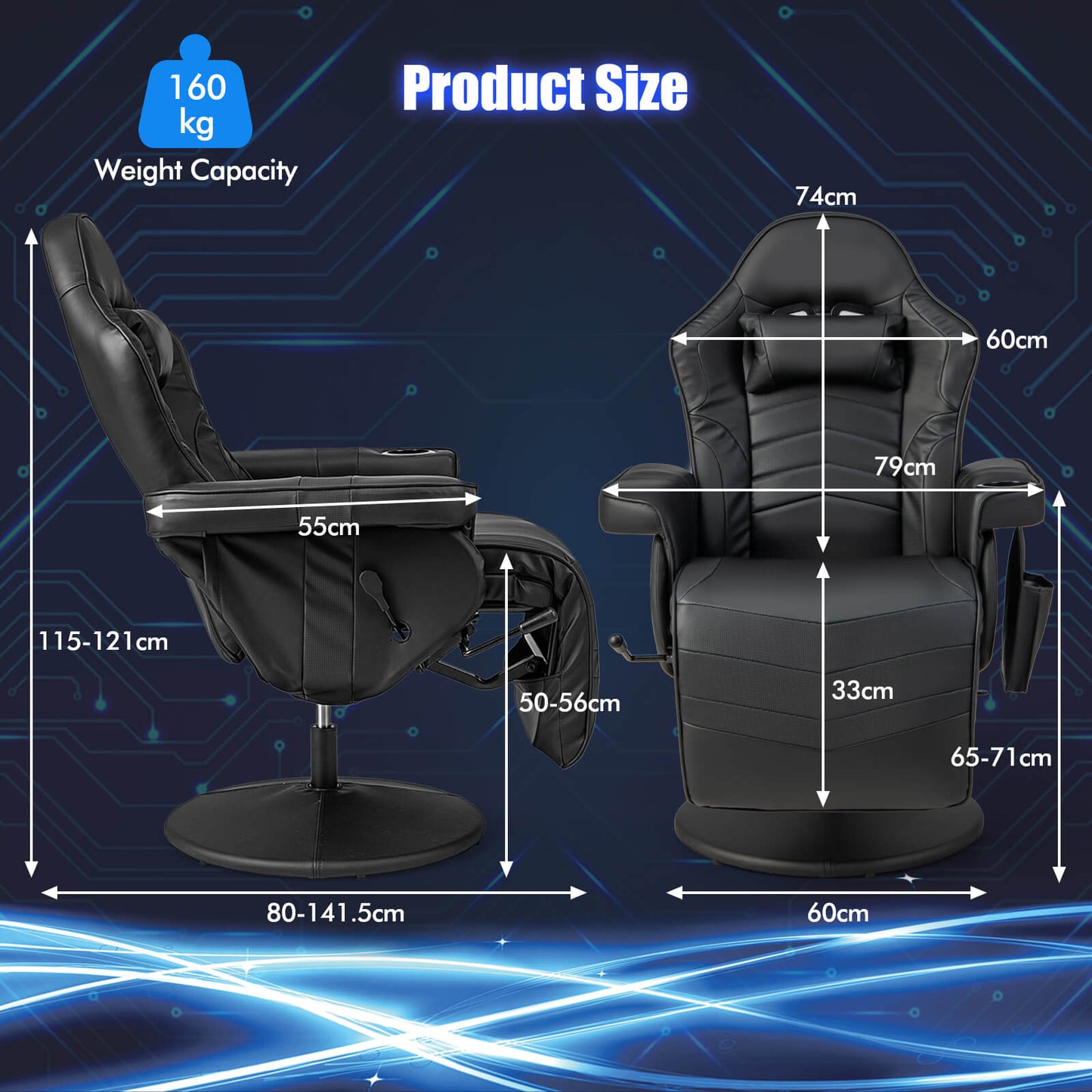 Electric Massage Gaming Chair with Cup Holder and Side Pouch-Black