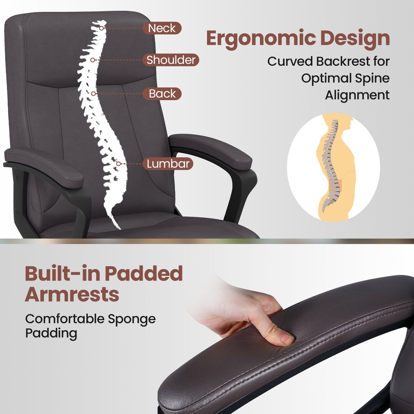 360° Swivel Task Chair with High Back and Built-in Armrests-Brown