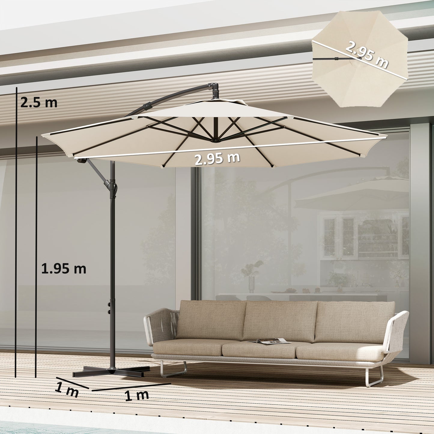 Outsunny 3 m Overhanging Cantilever Parasol, with Cross Base - Cream White