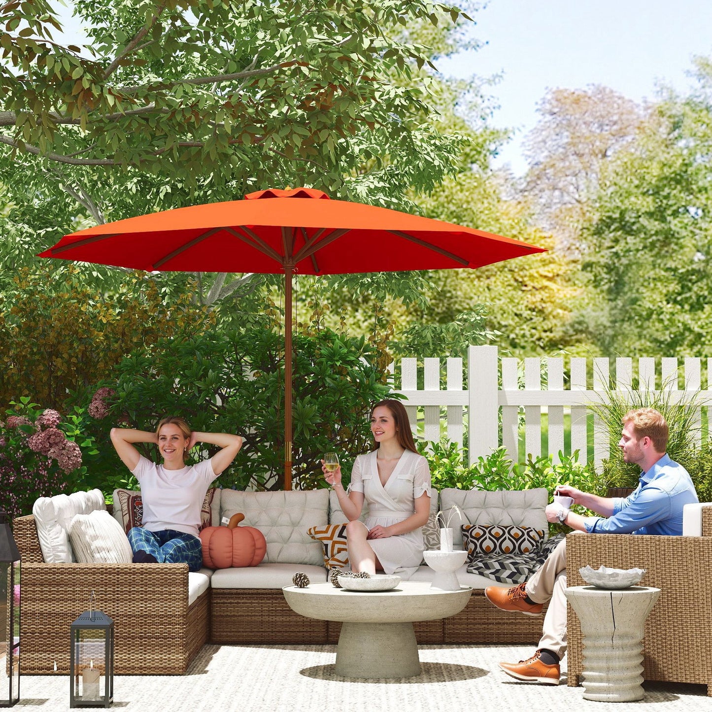 Outsunny 3m Wood Pole Parasol Umbrella - Orange