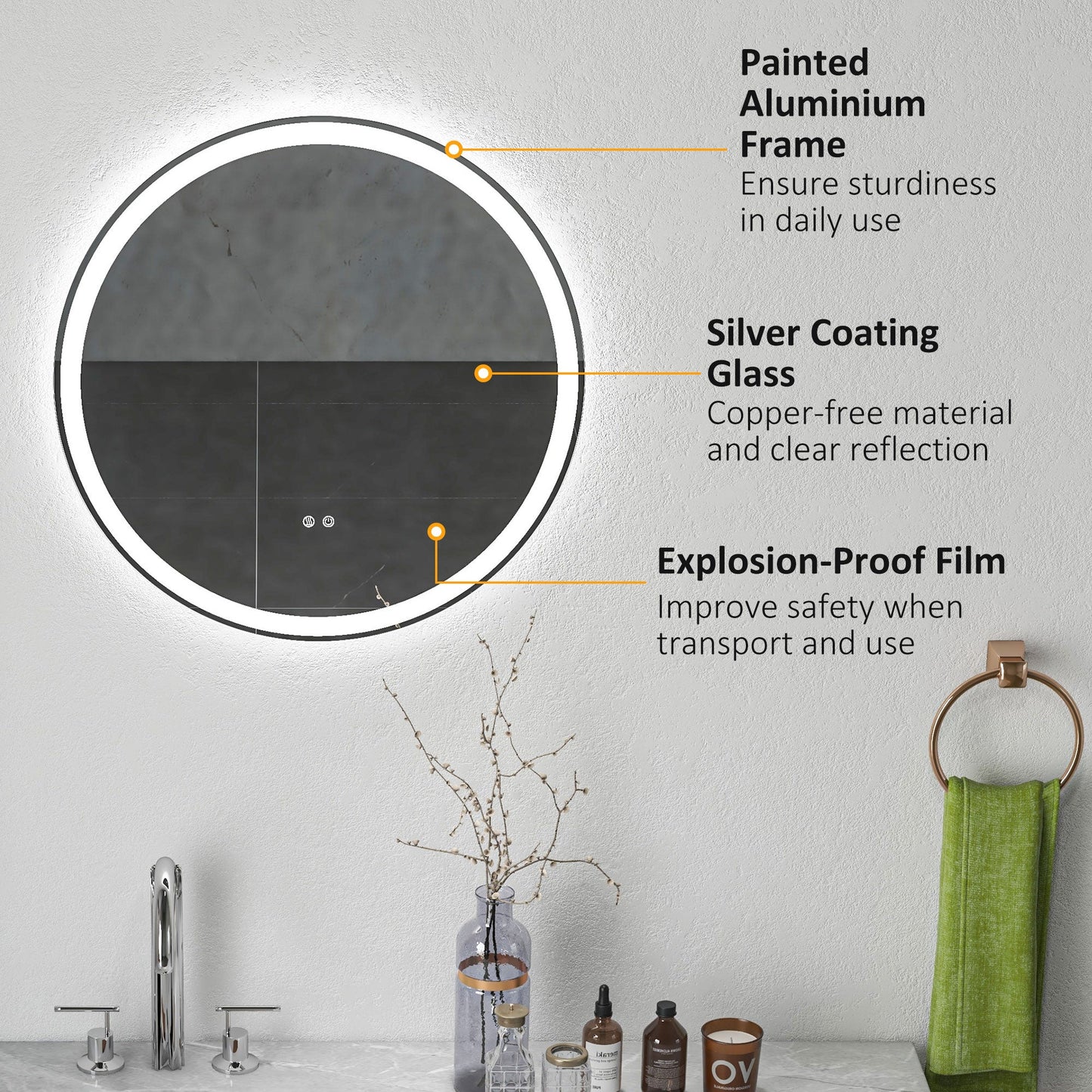 kleankin Round Bathroom Mirror with LED Lights, Wall Mount Dimmable Makeup Mirror with 3 Temperature Colours, Defogging Film and Memory Function, Frameless, Hardwired, 60 x 60 cm