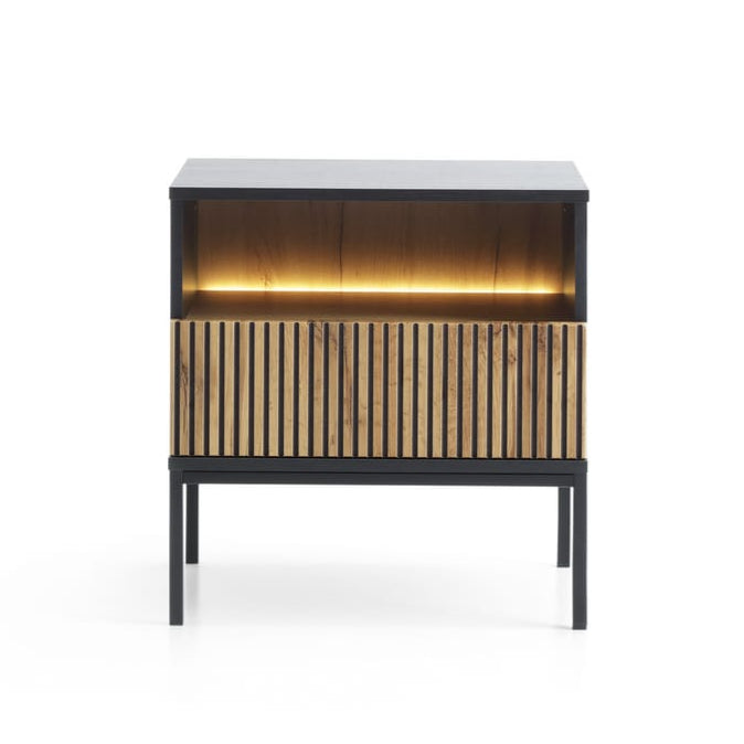 Modern side table with wooden slatted design on a white background
