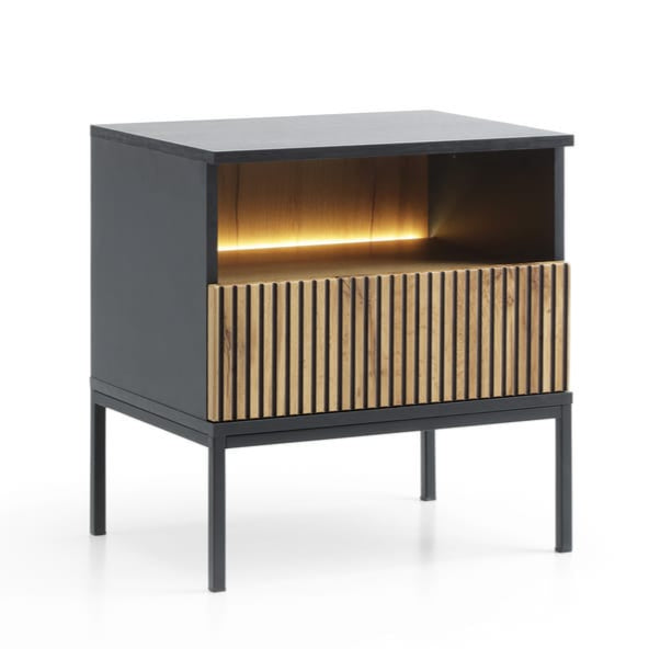 Modern side table with black frame and wooden slats on a white background