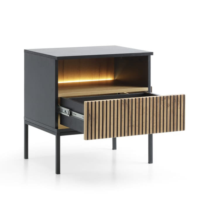 Modern nightstand with open drawer on a white background