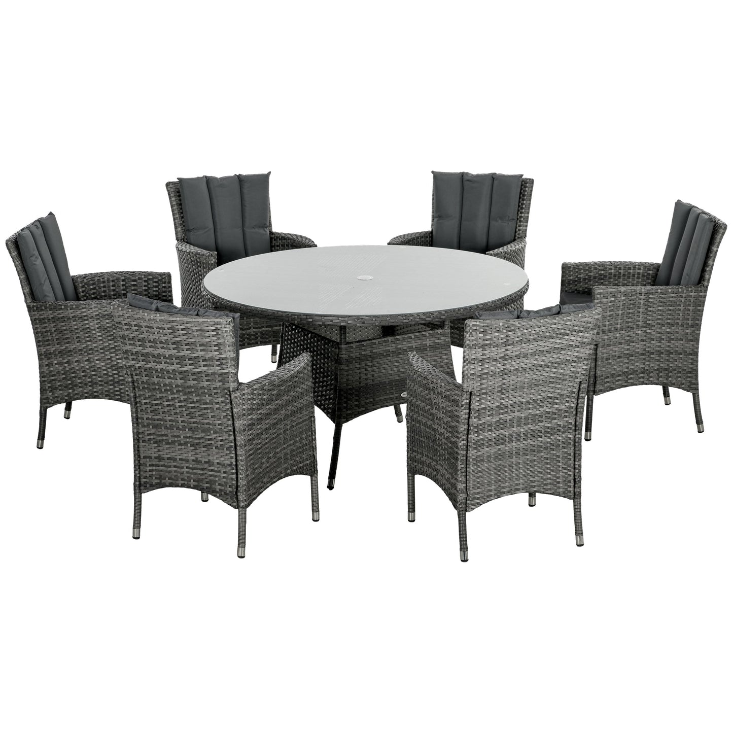 Outsunny Seven-Piece Rattan Dining Table, with Round Glass-Top Table - Mixed Grey