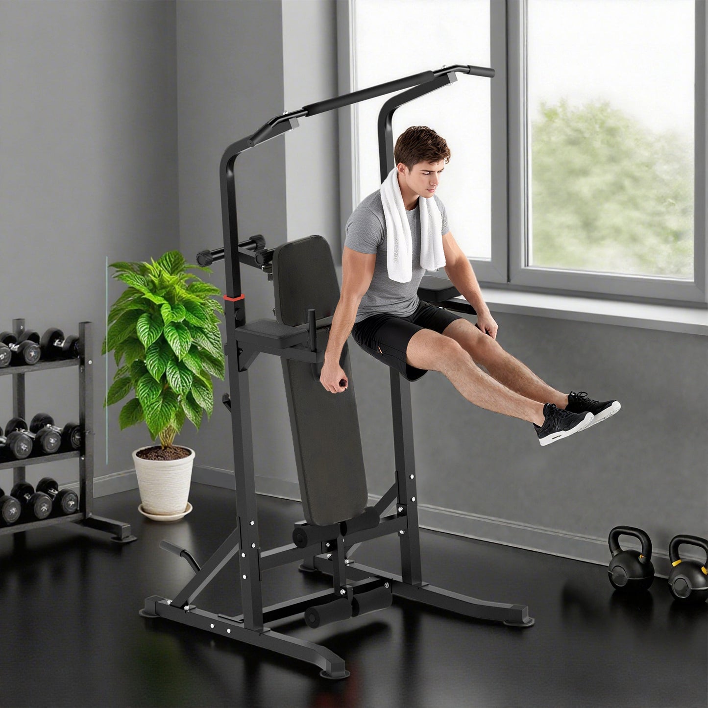 HOMCOM Pull Up Station with Adjustable Weight Bench, Dip Station and Barbell Rack, Multi-Function Power Tower Free Standing Pull Up Bar for Home Gym