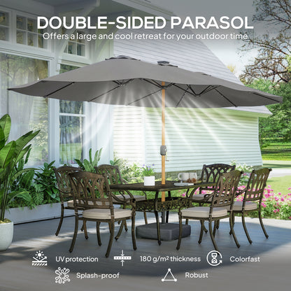Outsunny Double Sided Garden Parasol with Base Included & 48 Solar LED Lights Patio Umbrella Crank Handle 4.6m Light Grey