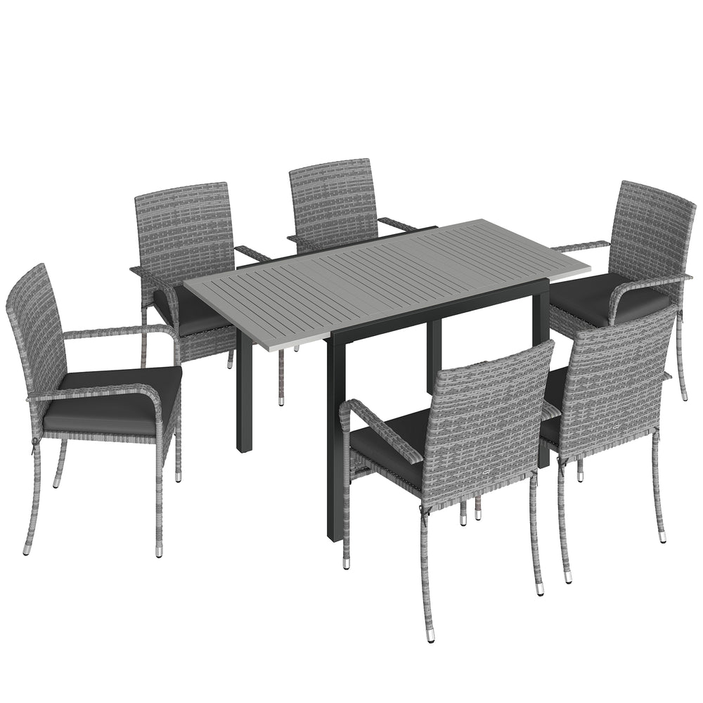 Outsunny 7 Piece Rattan Garden Furniture Set, 6 Seater Garden Table and 6 Stackable Chairs with Extendable Acacia Wood Tabletop