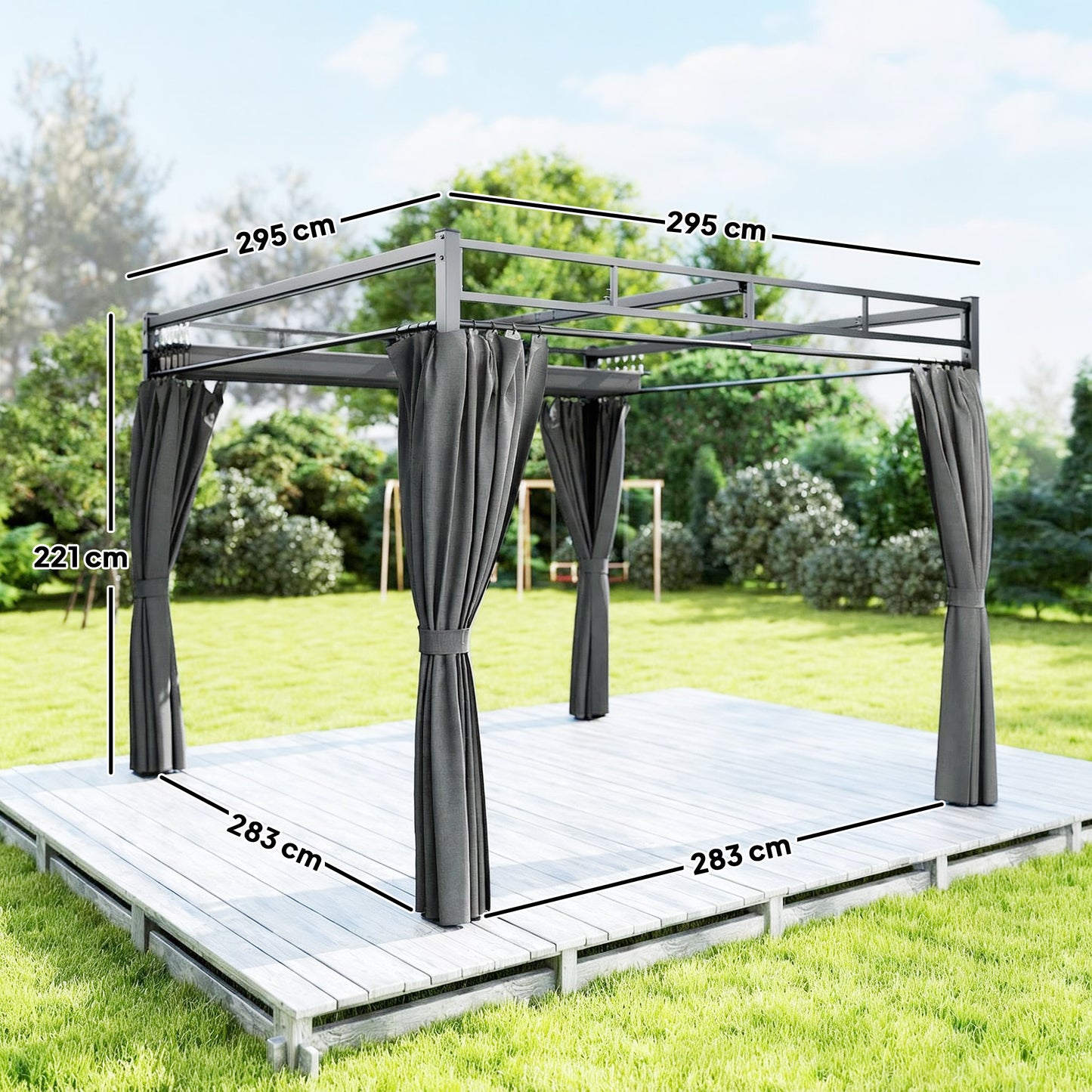 Outsunny 3 x 3 m Pergola with Retractable Roof Canopy and Curtains, UPF30+ Metal Frame Garden Pergola Gazebo Sun Shade, Dark Grey