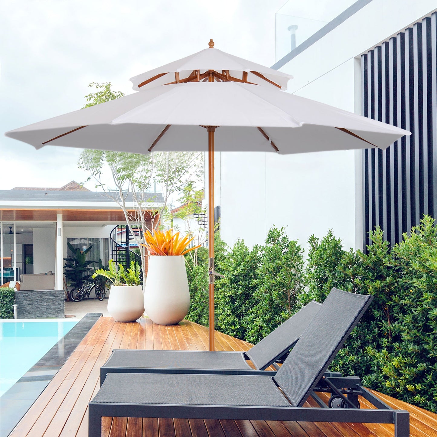 Outsunny 2.7m Elegant Wooden Frame Parasol Umbrella - White