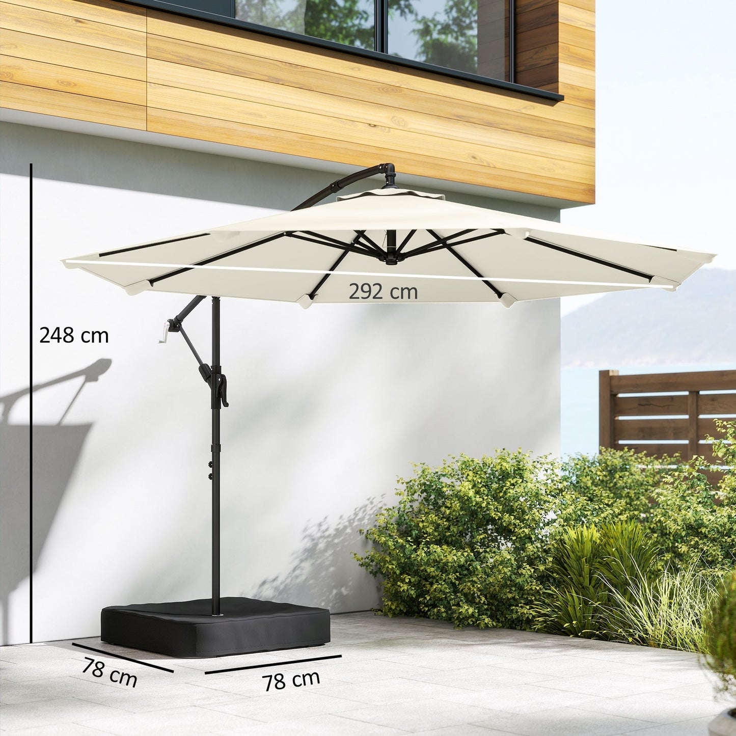 Outsunny 3 m Garden Cantilever Parasol with Cross Base, Sandbag, 360 degrees Rotating Overhanging Banana Umbrella, Cream White