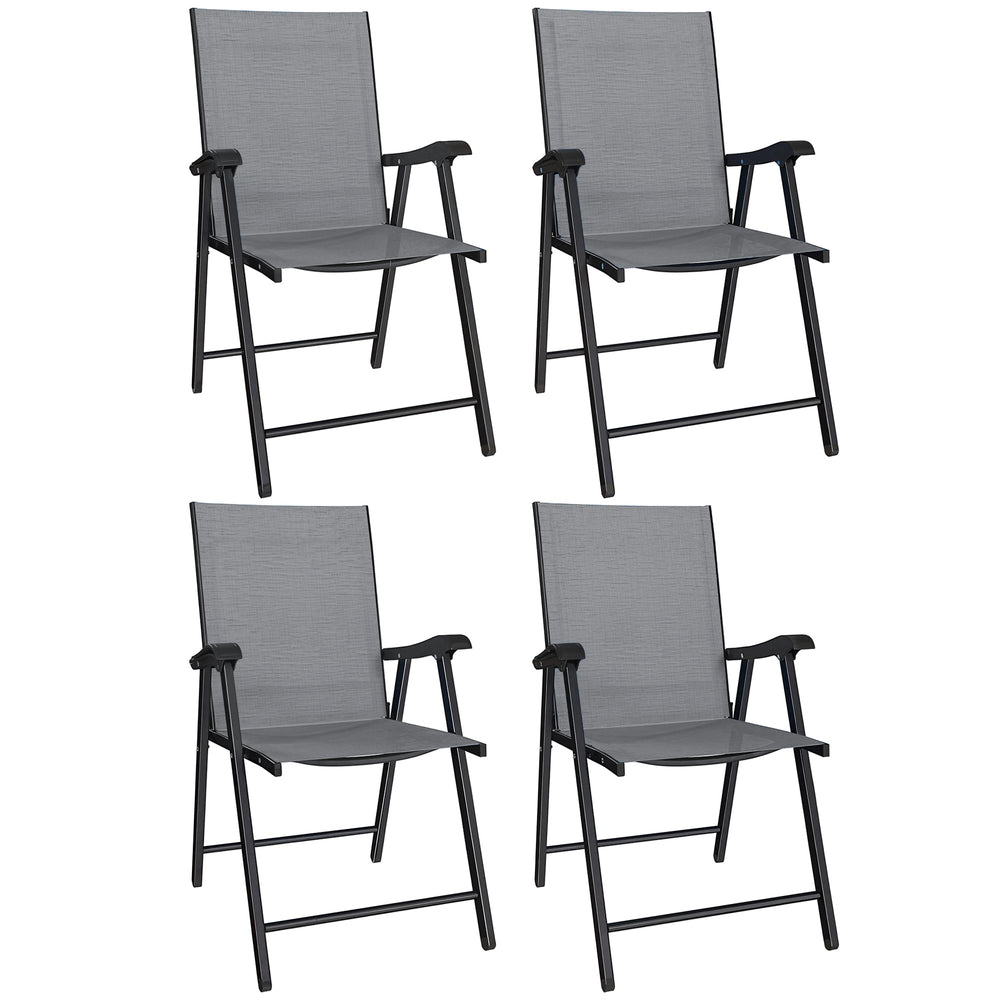 Outsunny Folding Garden Chairs Set of 4, Foldable Garden Dining Chairs with High Back, Armrests, Texteline Seat, Light Grey