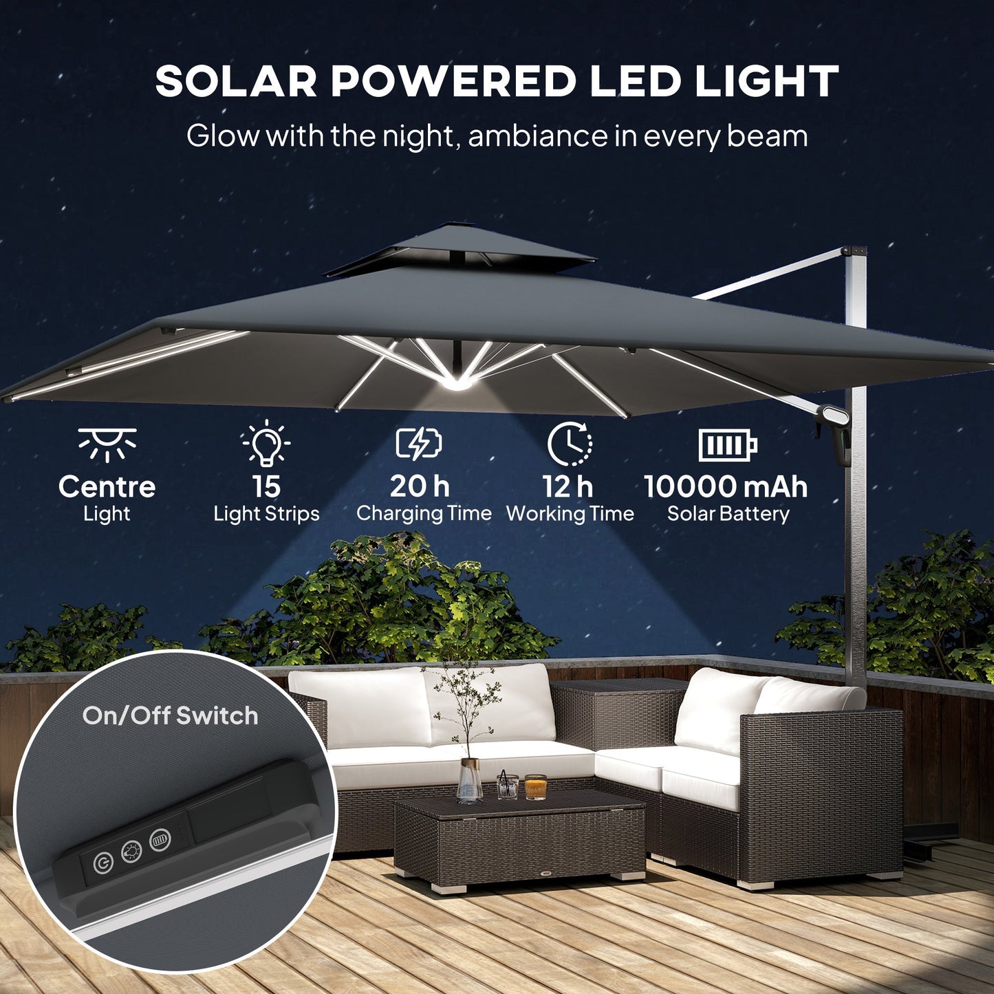 Outsunny 3(m) Garden Cantilever Parasol with Solar LED Lights, Cross Base, 360 degrees Rotation, Crank Handle and Tilt, Grey
