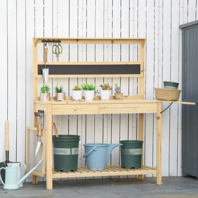 Outsunny Potting Bench Table, Garden Work Bench, Workstation with Metal Sieve Screen, Chalkboard, Hidden Sink, Drawer and Multi Storage Space for Patio, Courtyards, Balcony