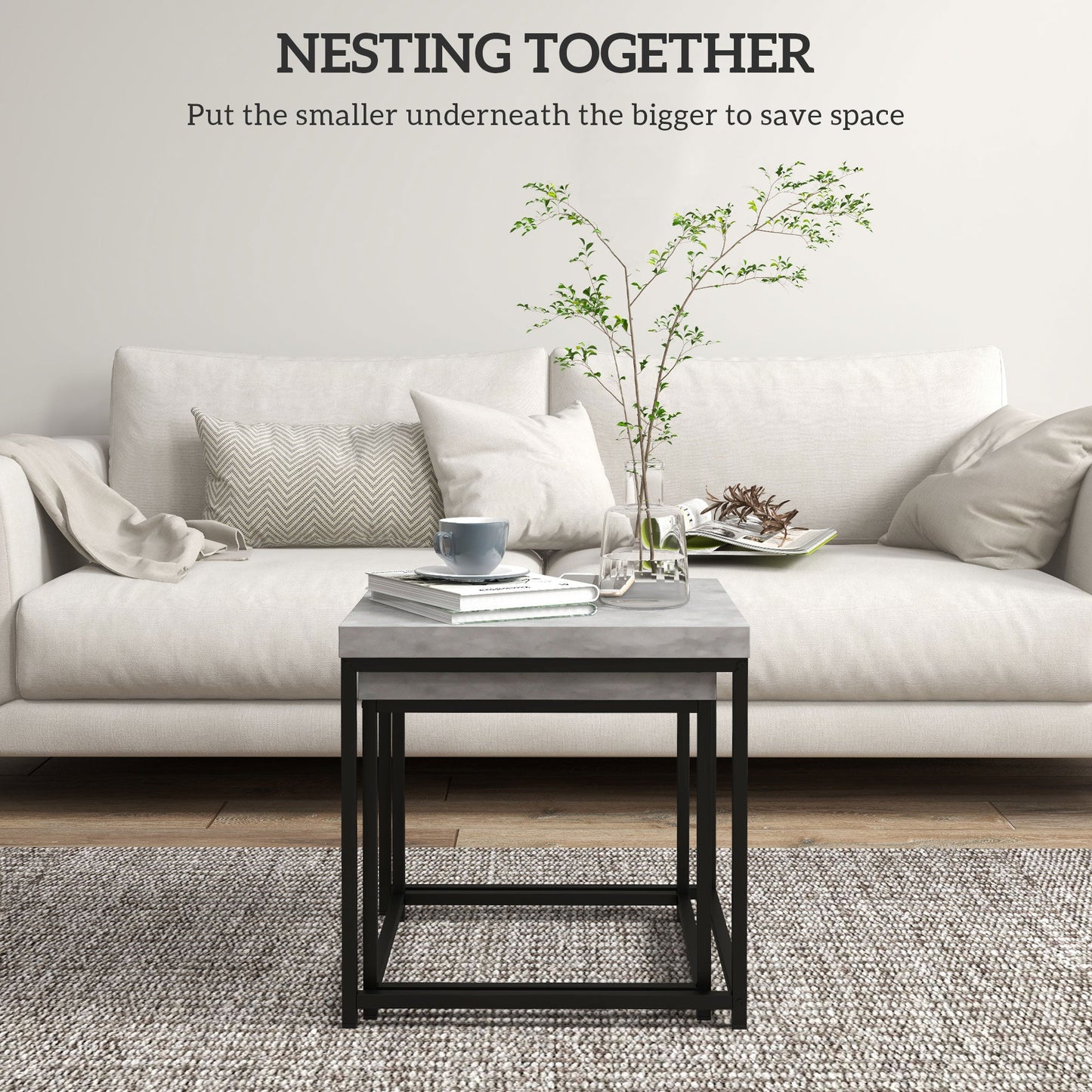HOMCOM Coffee Table Set of 2, Nest of Tables with 3.5cm Thick Tabletop, Grey