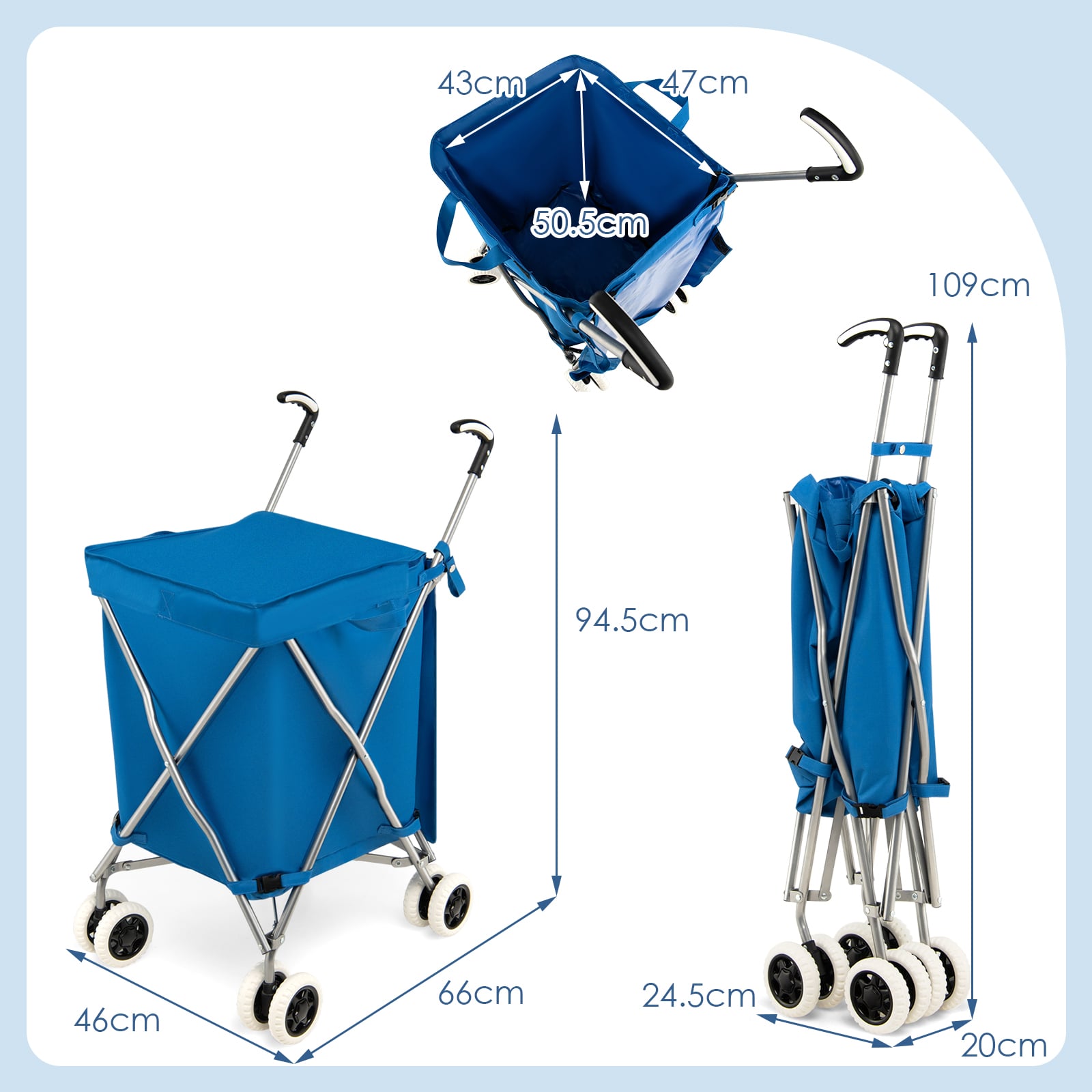 90L Folding Shopping Trolley with Removable Waterproof Bag and Cove-Blue