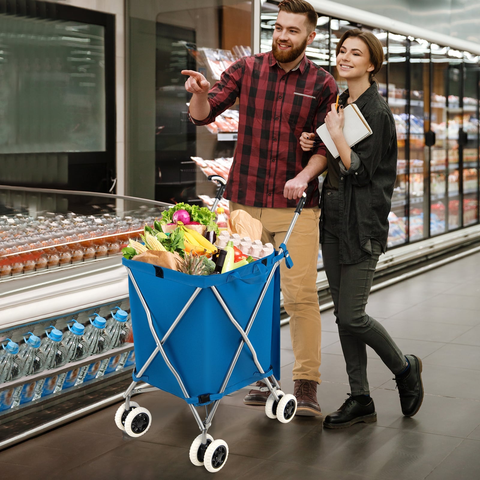 90L Folding Shopping Trolley with Removable Waterproof Bag and Cove-Blue