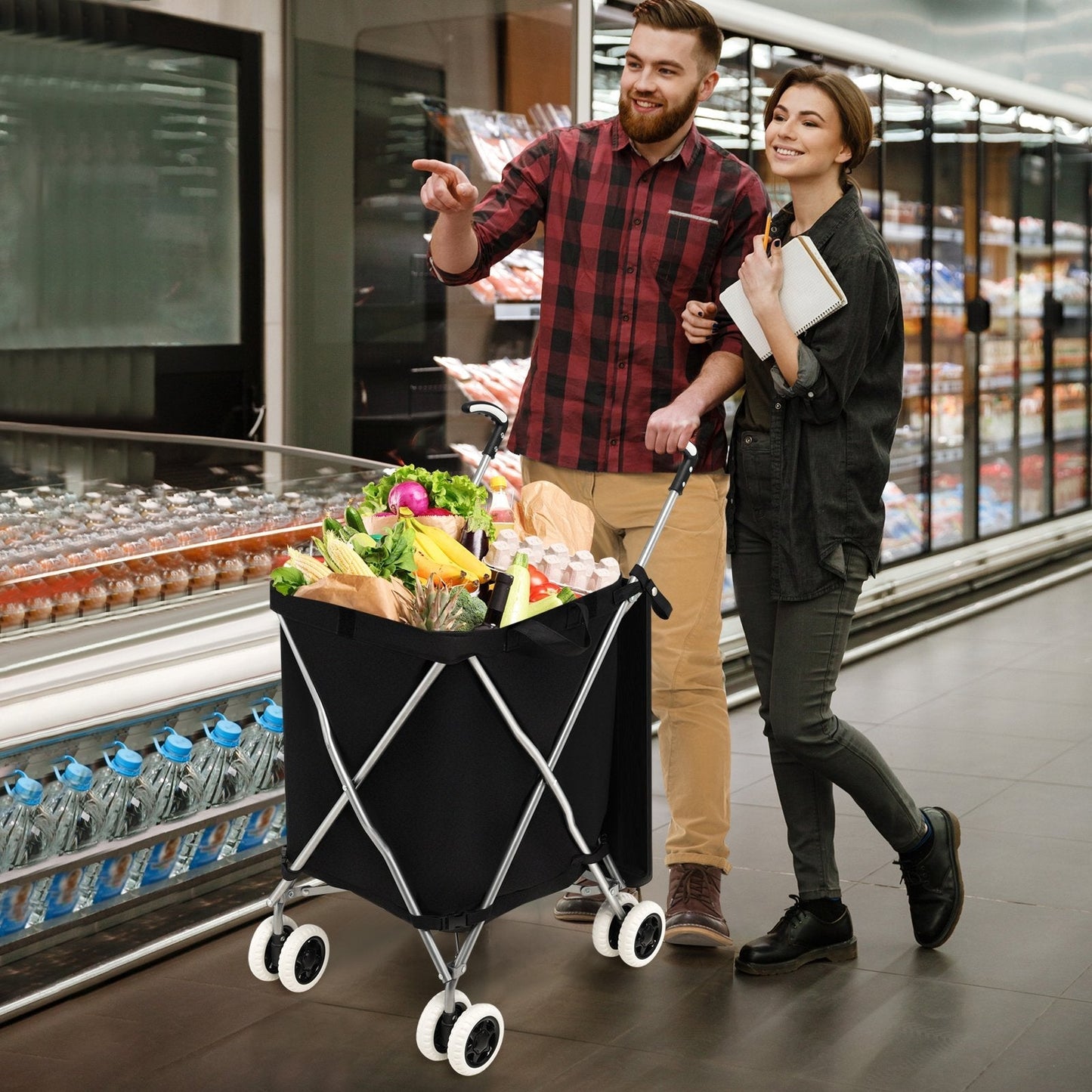 90L Folding Shopping Trolley with Removable Waterproof Bag and Cove-Black