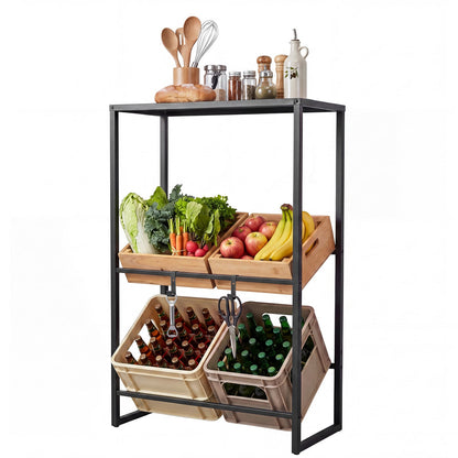 3-Tier Drink Crate Rack with Shelf and 2 Hanging Hooks-Black