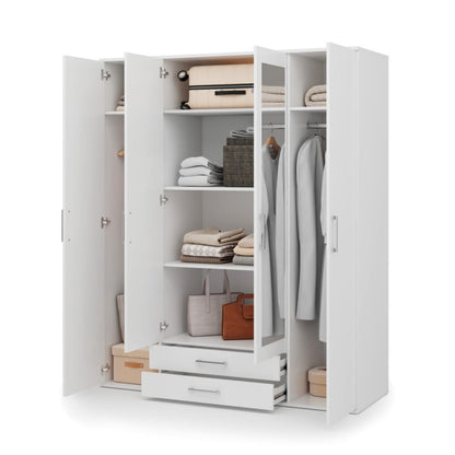 White wardrobe with clothes and shelves on a white background