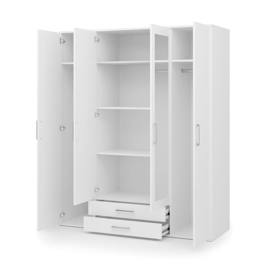 White wardrobe with open doors on a white background