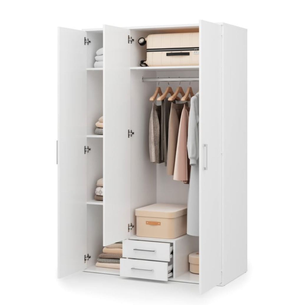 White wardrobe with clothes and boxes on a white background