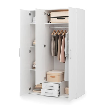 White wardrobe with clothes and boxes on a white background