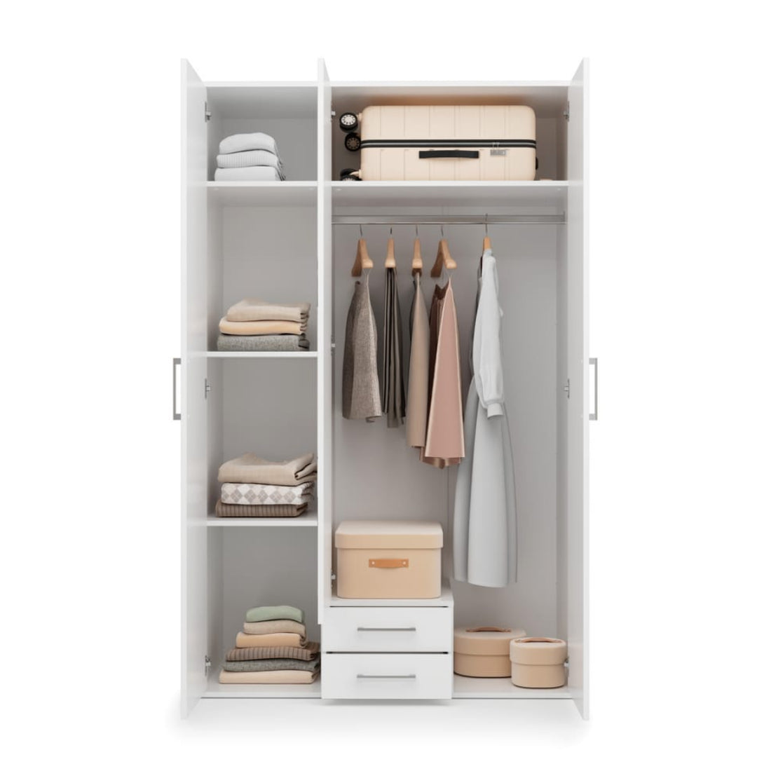 White wardrobe with clothes and storage boxes on a white background