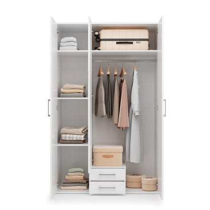 White wardrobe with clothes and storage boxes on a white background