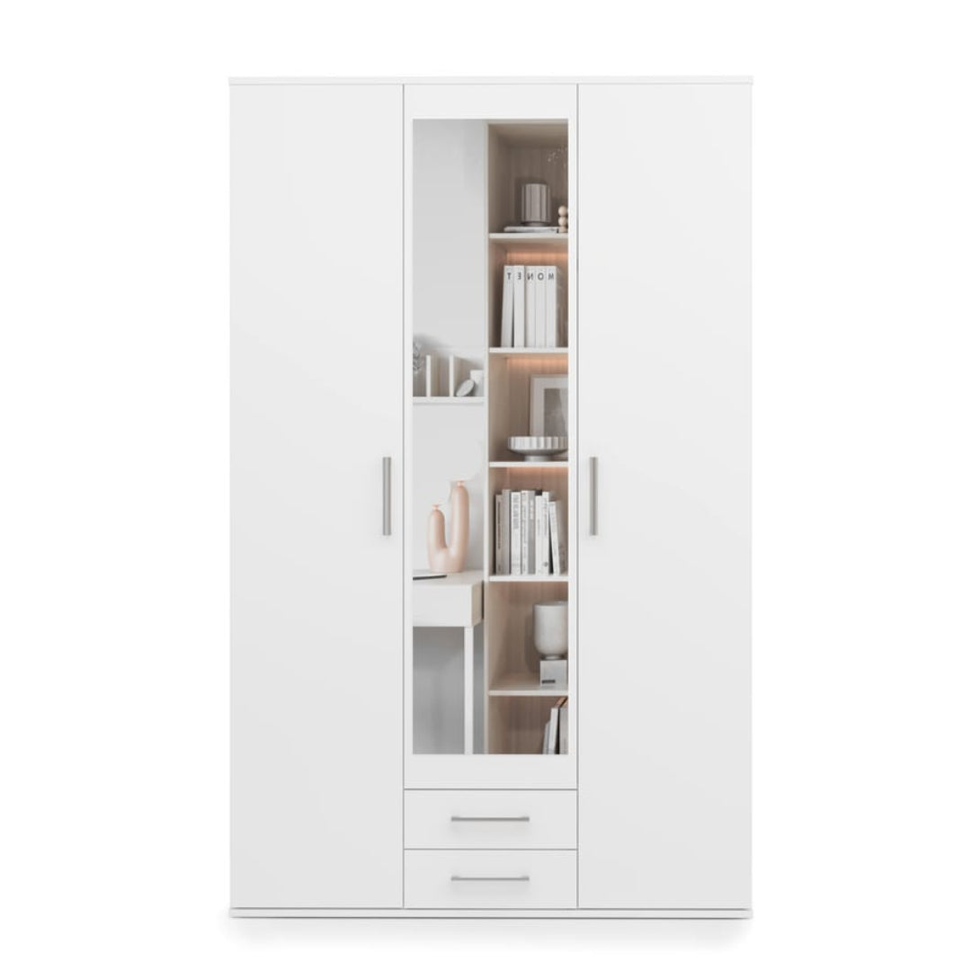 White wardrobe with open doors displaying books and decor items on a white background