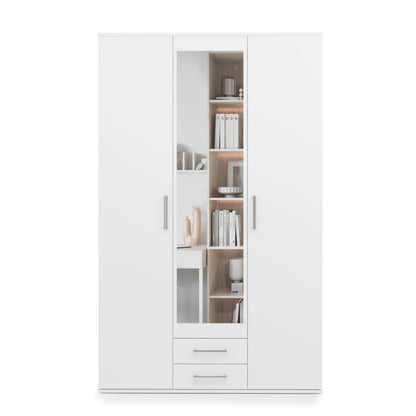 White wardrobe with open doors displaying books and decor items on a white background