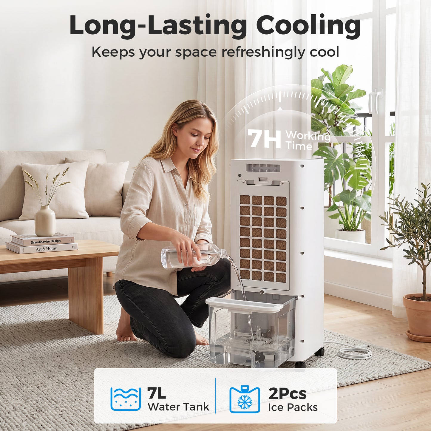 HOMCOM Portable Air Cooler, 3-In-1 Evaporative Air Cooler with 7 Litre Water Tank, 48Â° Oscillation, White
