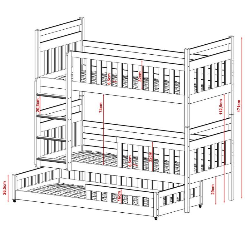 Dimensions of a triple bunk bed on a white background