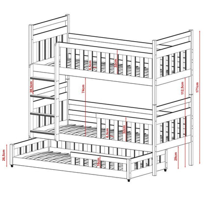 Dimensions of a triple bunk bed on a white background