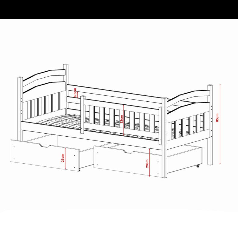 Measurement chart of a wooden bed with drawers on a white background