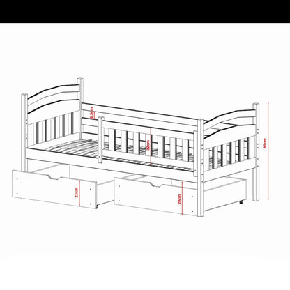 Measurement chart of a wooden bed with drawers on a white background