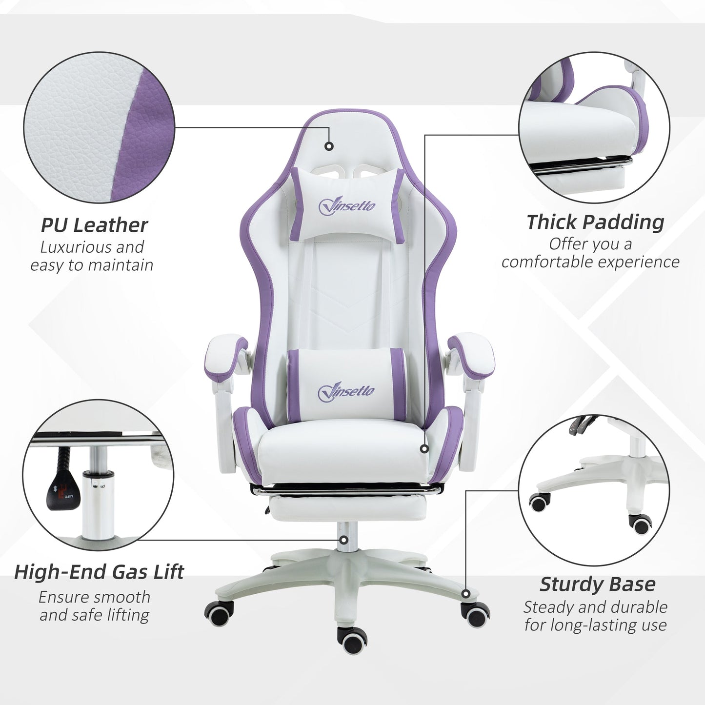 Vinsetto Computer Gaming Chair, PU Leather Desk Chair with Footrest, Swivel Task Chair with 135¡ Reclining Back and Lumbar Support, PC Chair for Adults, White and Purple