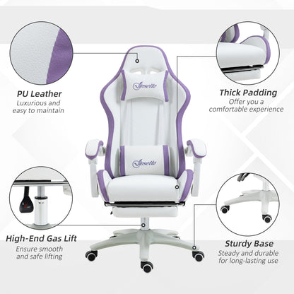 Vinsetto Computer Gaming Chair, PU Leather Desk Chair with Footrest, Swivel Task Chair with 135¡ Reclining Back and Lumbar Support, PC Chair for Adults, White and Purple