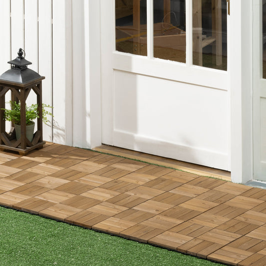 Outsunny 27 Pcs Wooden Interlocking Decking Tiles, Outdoor Flooring Tiles for Patio, Balcony, Terrace, Hot Tub, 30 x 30 cm per Piece, 2.5√£≈Ω¬° per Pack, Brown