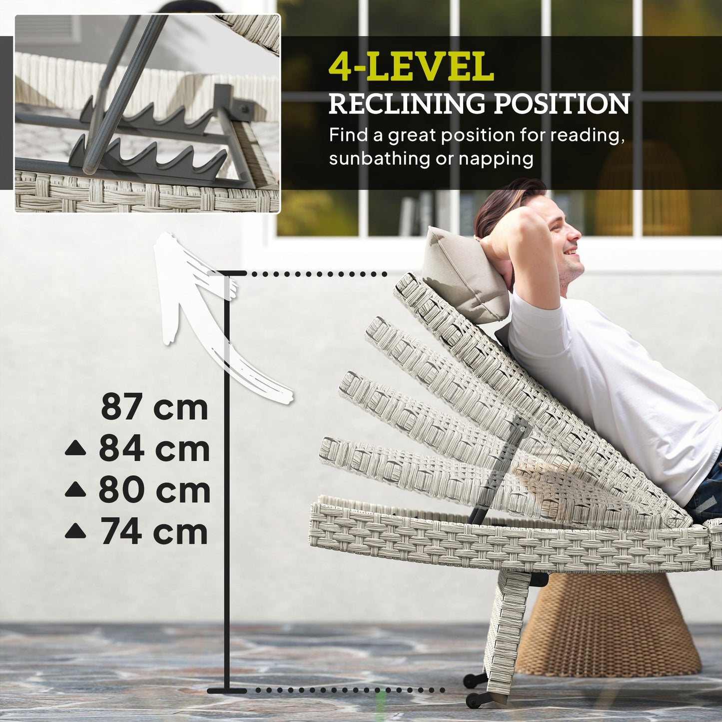 Outsunny Outdoor PE Rattan Sun Lounger, Folding Wicker Garden Lounger Recliner with 4-Level Adjustable Backrest, Rolling Sunbed Lounge Chair with Wheels, Non-Slip Legs for Balcony, Beach, Grey