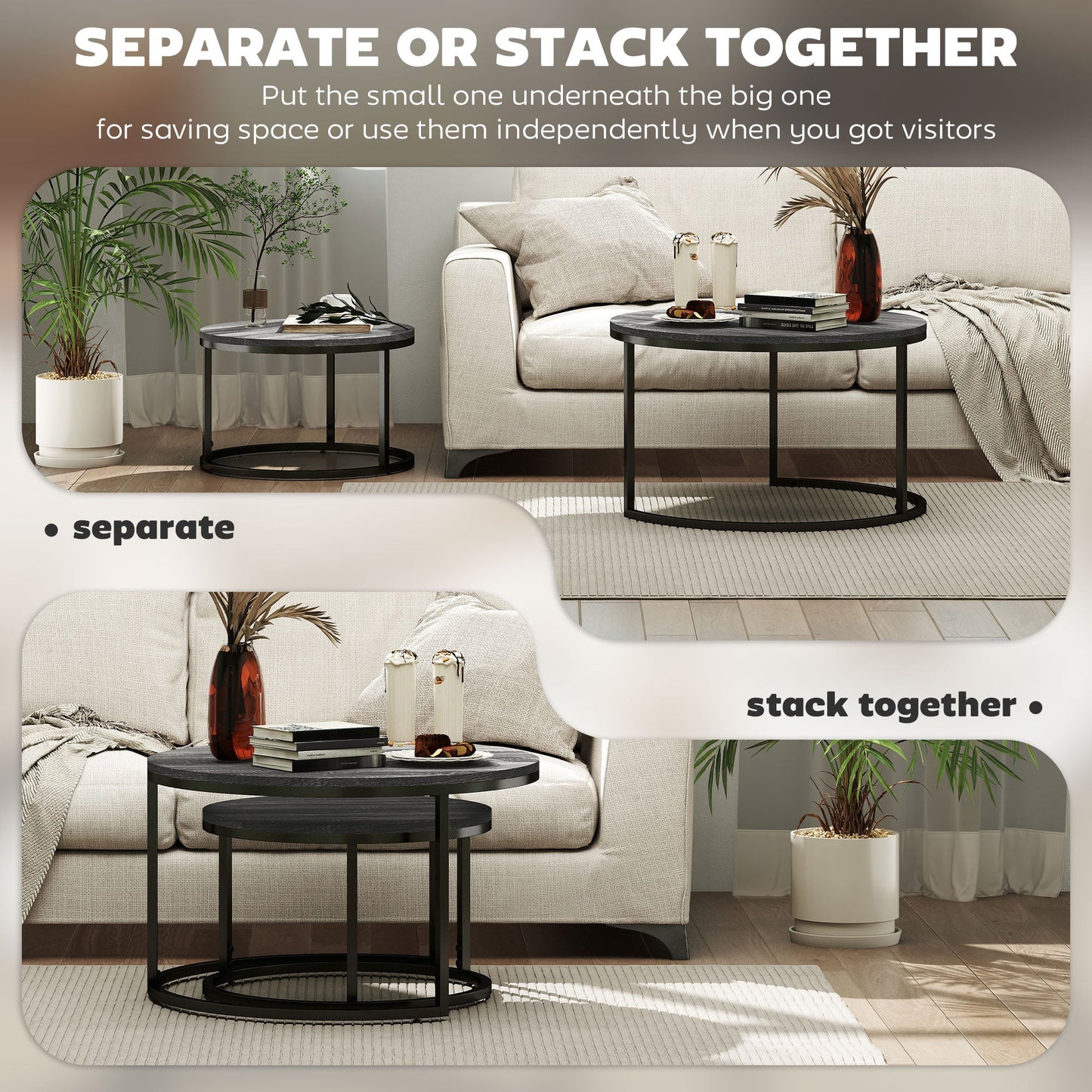 HOMCOM Set of Two Marble-Effect Stacking Tables - Black