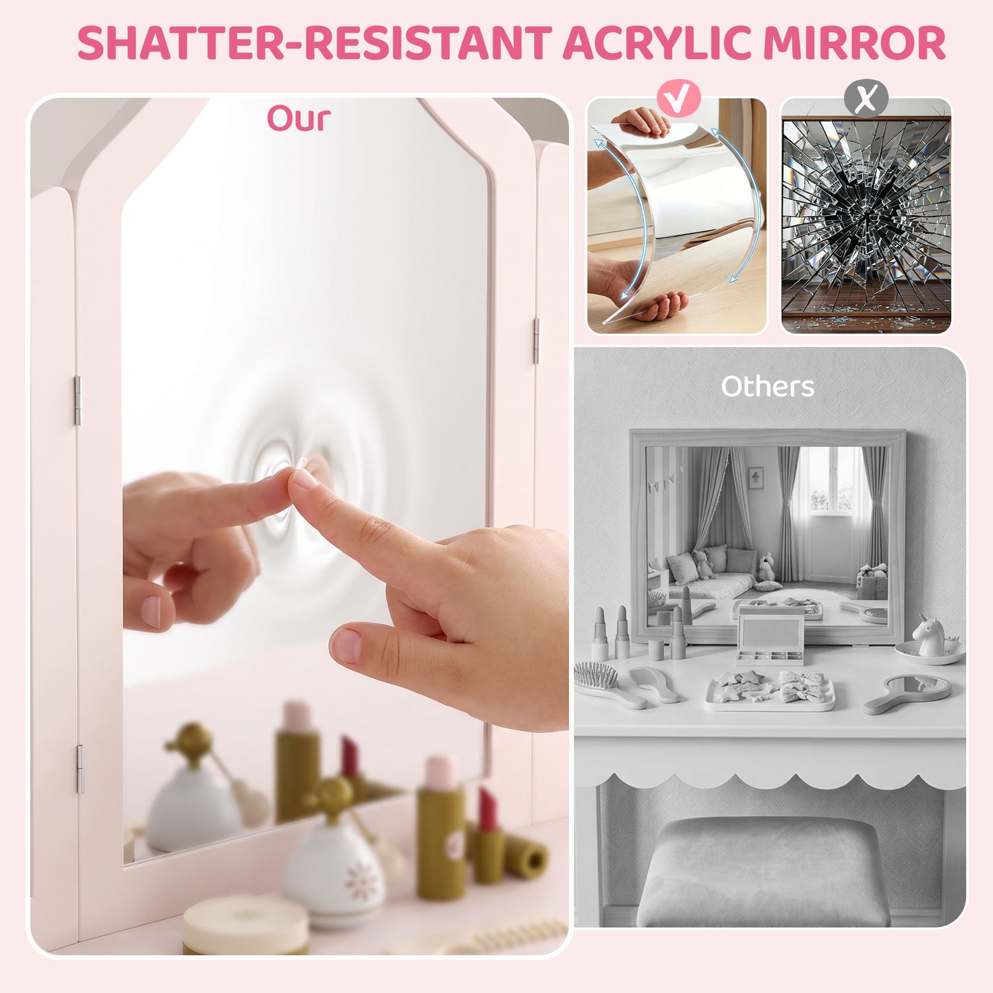 AIYAPLAY Kids Dressing Table, Kids Vanity Table and Chair Set with Tri-Folding Mirror, 2 Drawers, 2 Cabinets for Girls 3+, Pink