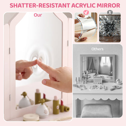 AIYAPLAY Kids Dressing Table, Kids Vanity Table and Chair Set with Tri-Folding Mirror, 2 Drawers, 2 Cabinets for Girls 3+, Pink