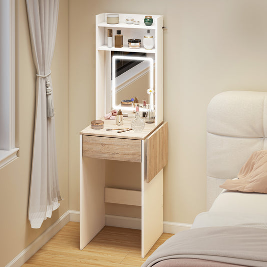 HOMCOM Small Vanity Desk with Mirror and LED Lights, Compact Dressing Table with Drop Leaf, Open Shelves and Drawer, White