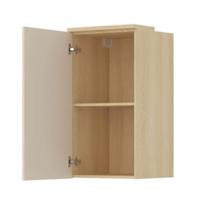Beige wall cabinet with open doors on a white background