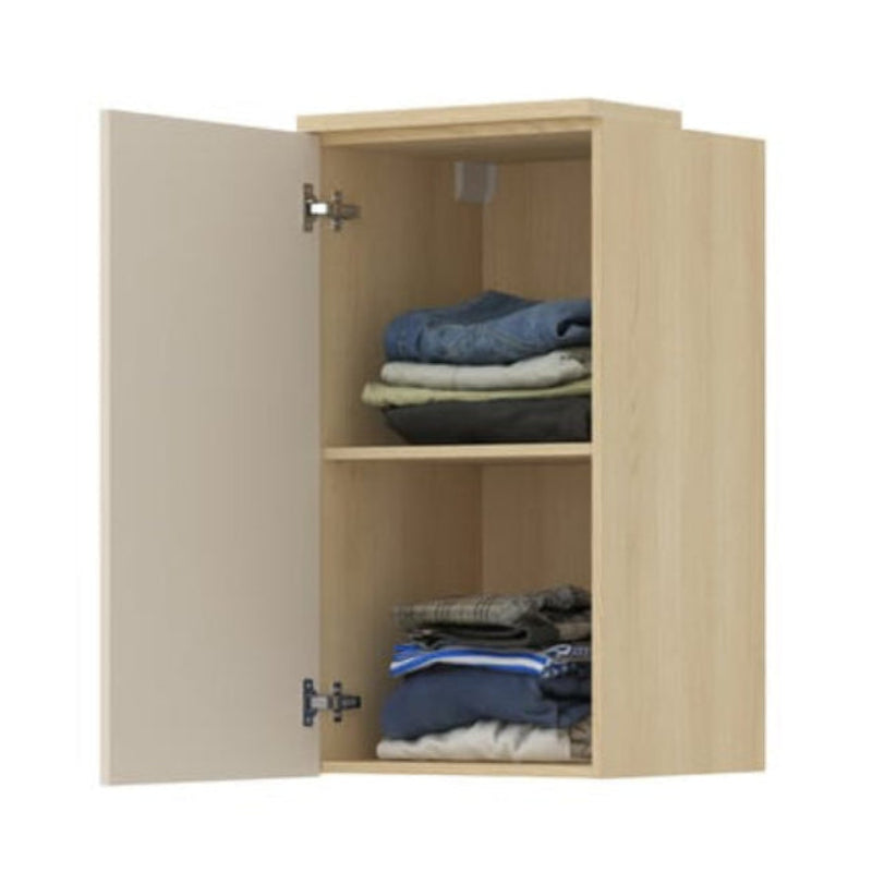 Beige wardrobe with open doors showing folded clothes on a white background