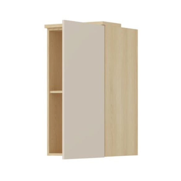 Wall-mounted cabinet with a wooden finish on a white background