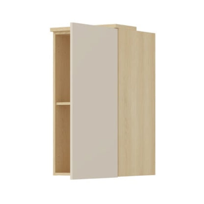 Wall-mounted cabinet with a wooden finish on a white background