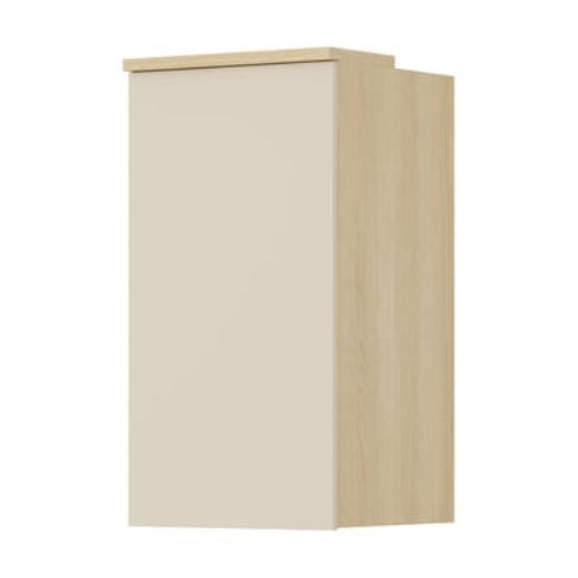 Small cabinet with a white front and wooden sides on a white background